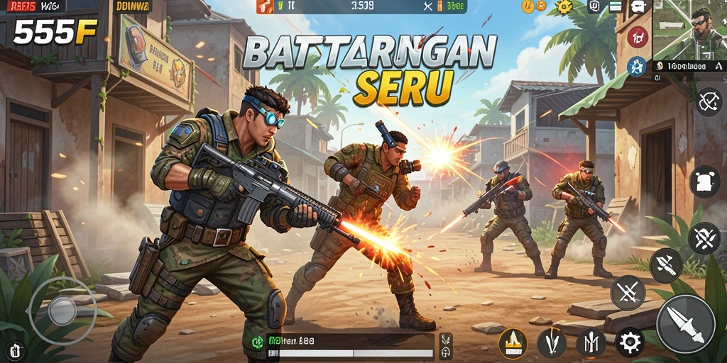 Screenshot utama 555F menampilkan aksi mendebarkan dalam permainan Battle Royale.