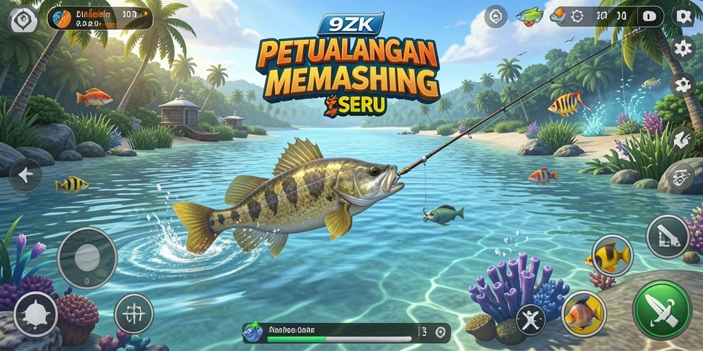 Screenshot utama 9ZK menunjukkan pemain menangkap ikan di lokasi yang indah.