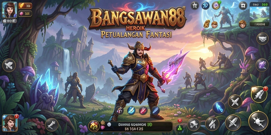 Tampilan gameplay BANGSAWAN88 dengan karakter beraksi di medan perang RPG.