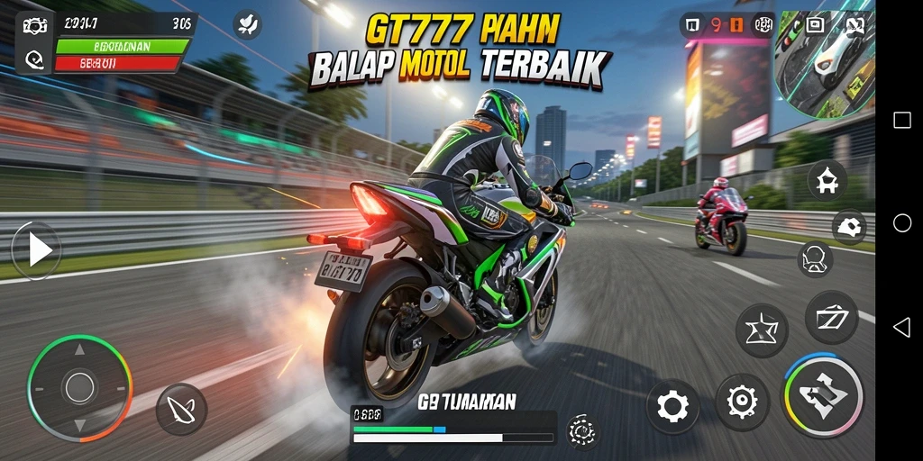 Tangkapan layar gameplay GT777 yang menampilkan balap motor yang cepat dan mendebarkan.