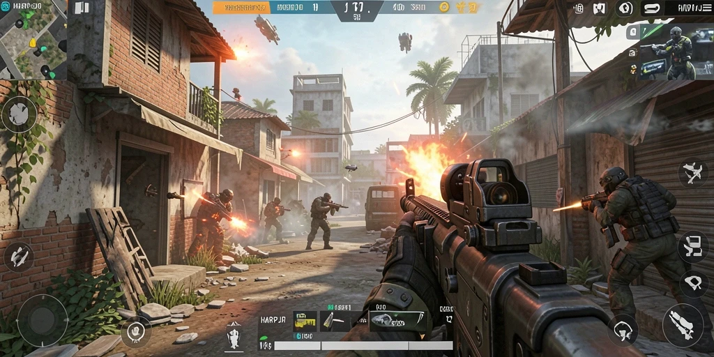 Tangkapan layar gameplay HARAPJP yang menampilkan aksi seru dalam pertempuran FPS.