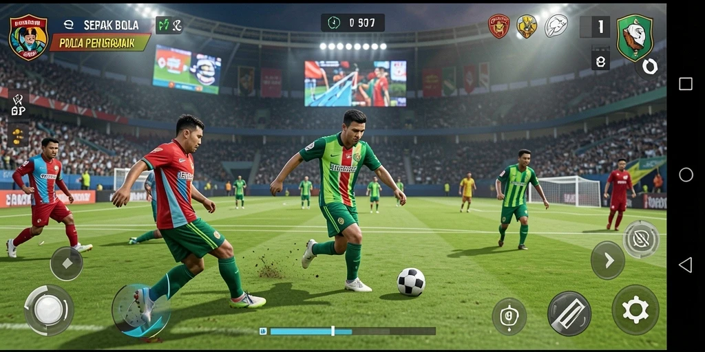 Tangkapan layar gameplay PP7 dengan aksi seru di lapangan sepak bola.