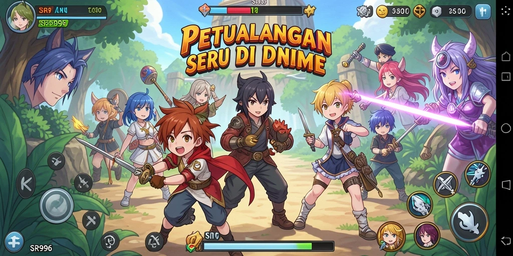 Screenshot gameplay SR996 menunjukkan aksi seru dan karakter anime menarik.
